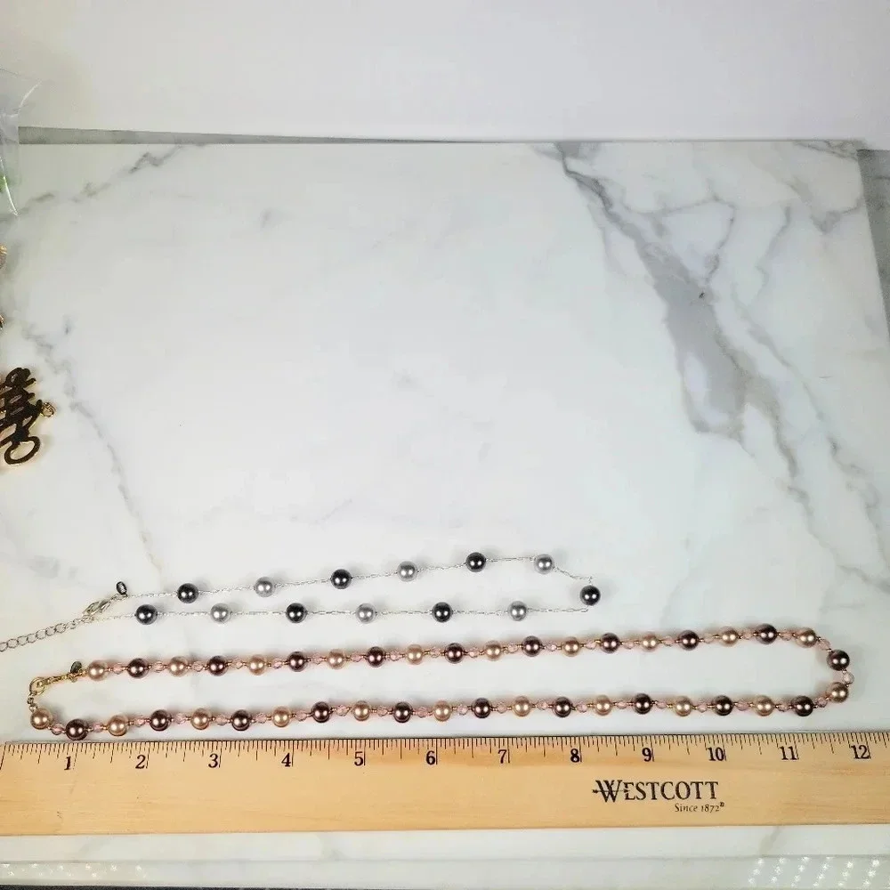 Roman Beaded Necklace Set Of 2  Signed Floating Faux Pearl Gray Peach Pi…
